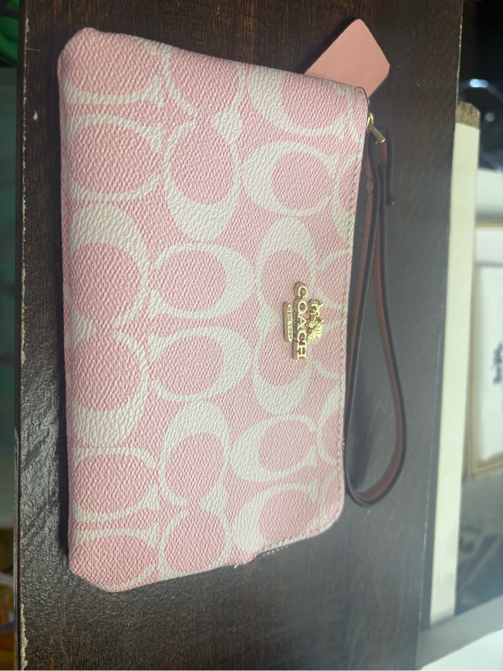 Coach Pink and Cream Signature Canvas Wristlet with Gold Logo